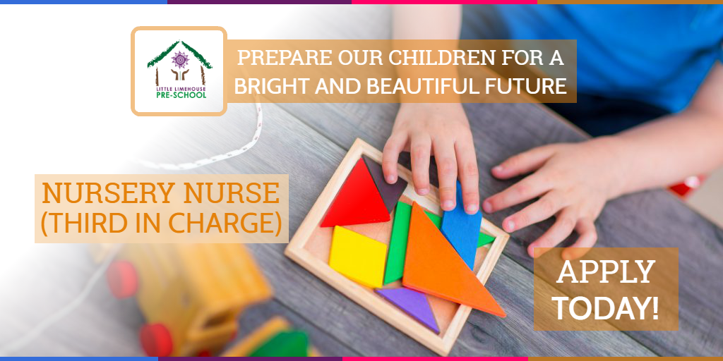 Background image of hands of a child playing with colourful blocks with details of job advert for nursery nurse